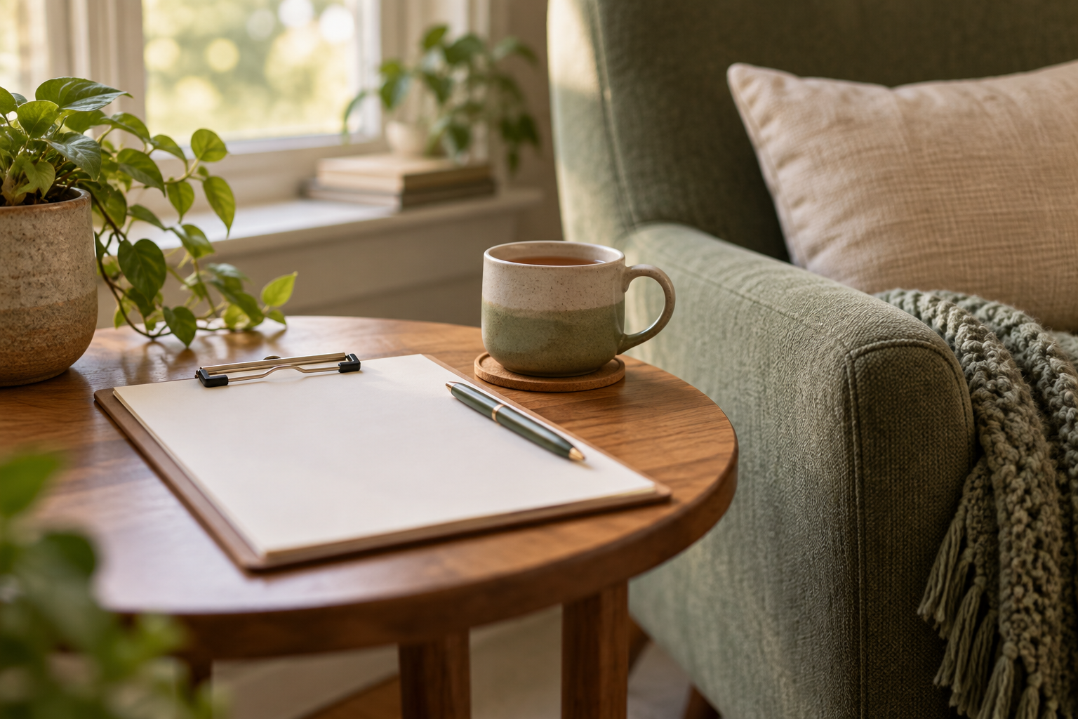 A clipboard on a side table, where a counselor reviews the limits of confidentiality in a first session A clipboard on a side table, where a counselor reviews the limits of confidentiality in a first session