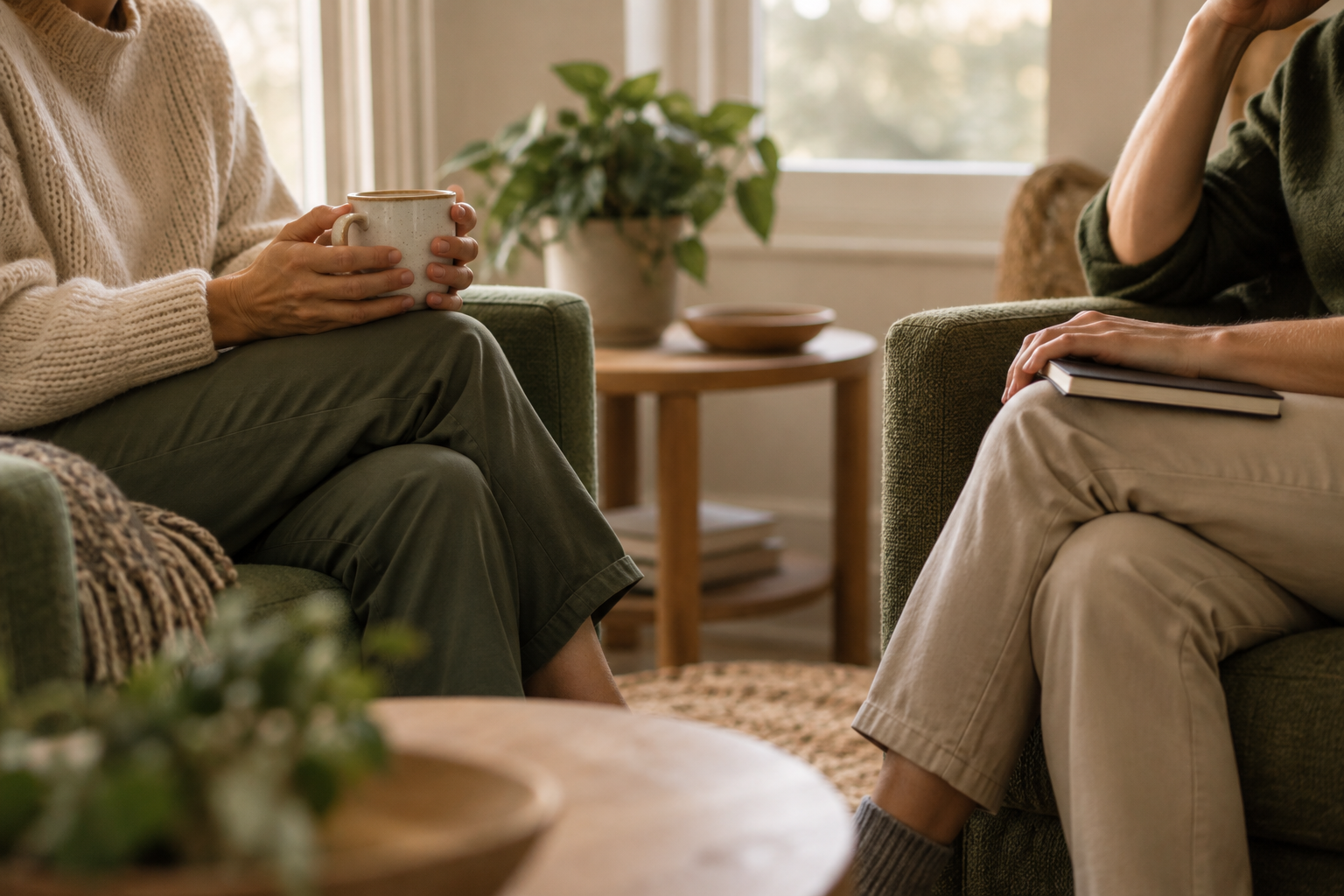 A client and counselor talking during a first counseling session A client and counselor talking during a first counseling session