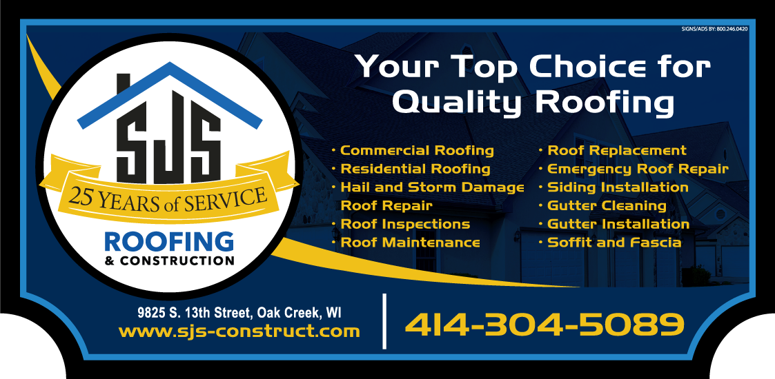 SJS Roofing & Construction sign