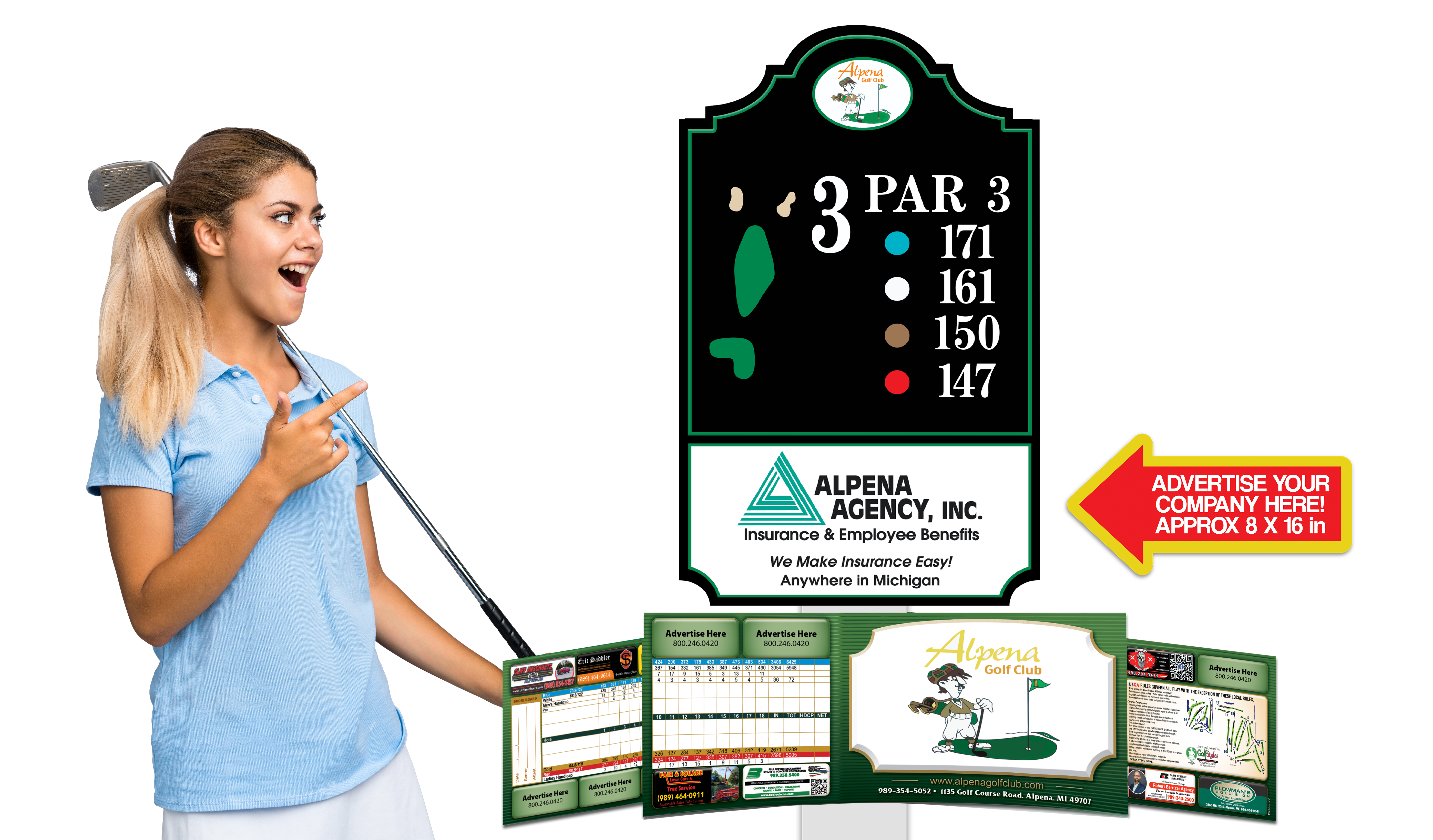 Golfer pointing on tee sign