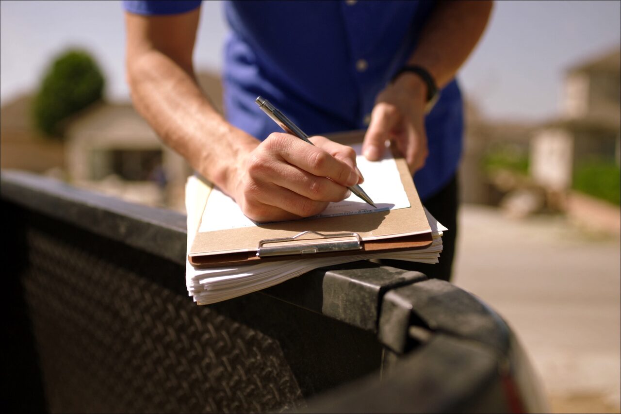 Person signing construction paperwork on a clipboard