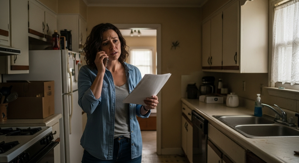 Stressed adult daughter standing in her aging mother's kitchen overwhelmed by senior care decisions