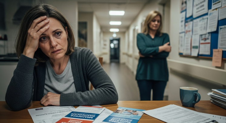 Stressed adult daughter managing paperwork for parent's care transition