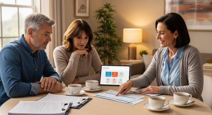 Family reviewing financial and legal documents for senior care planning