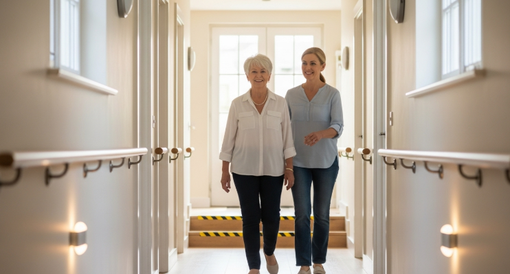Adult daughter supporting elderly parent during senior care transition