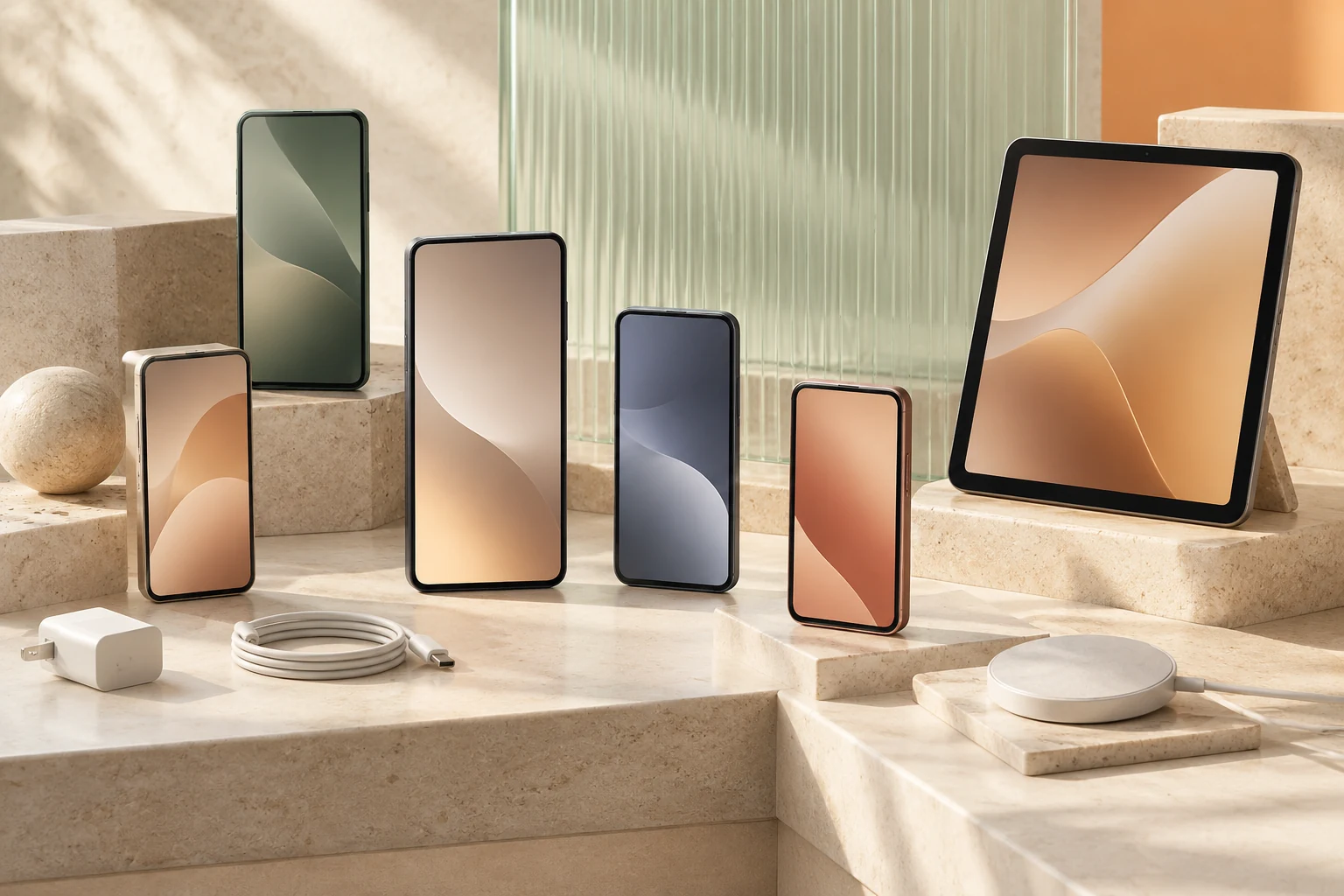 Különböző méretű telefonok és tablet rendezett együttese