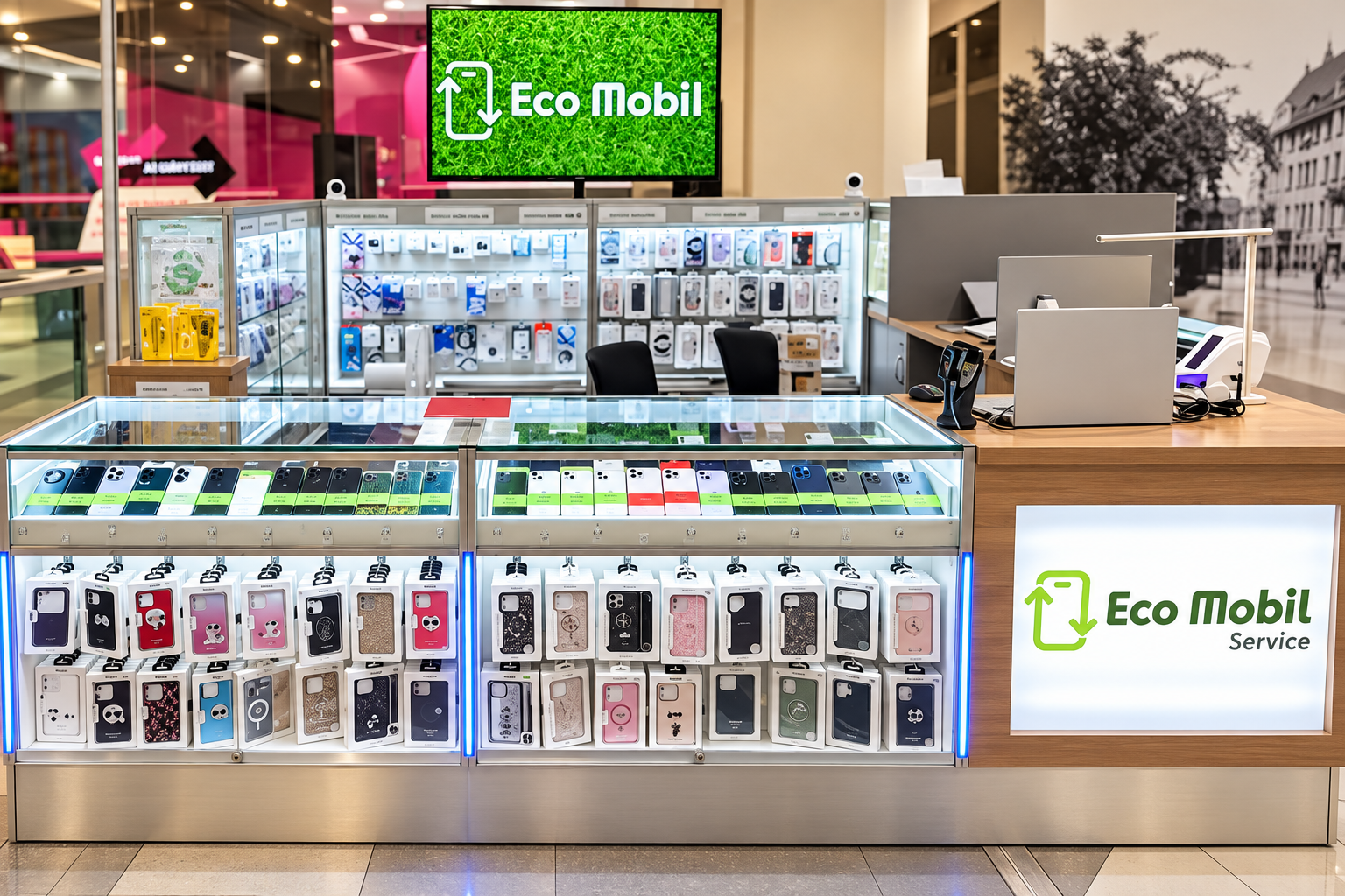 EcoMobil kiszolgálópult és készülékvitrinek; szemléltető látványkép