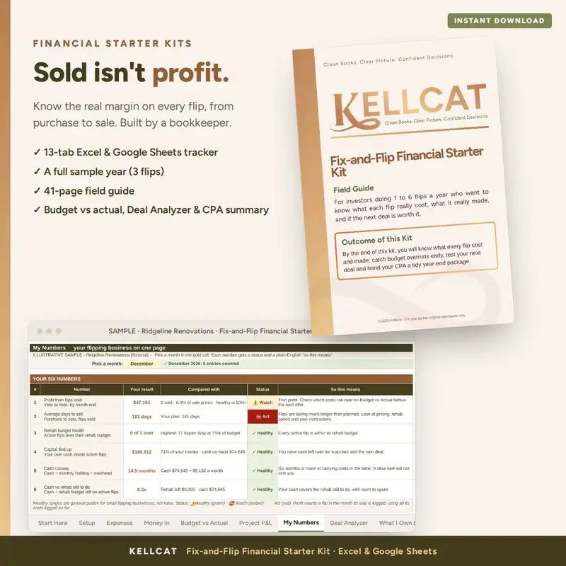Fix-and-Flip Financial Starter Kit cover with the tracker and field guide by Kellcat