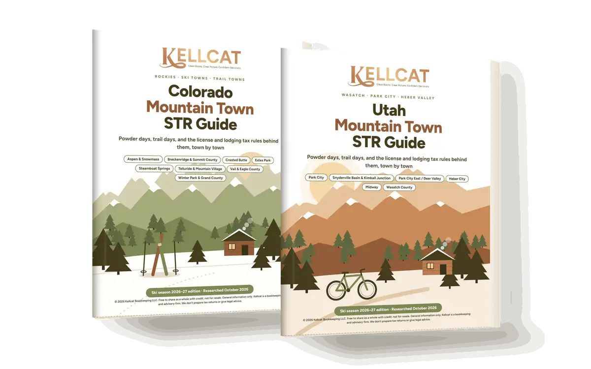 Covers of the free Kellcat Colorado and Utah Mountain Town STR Guides