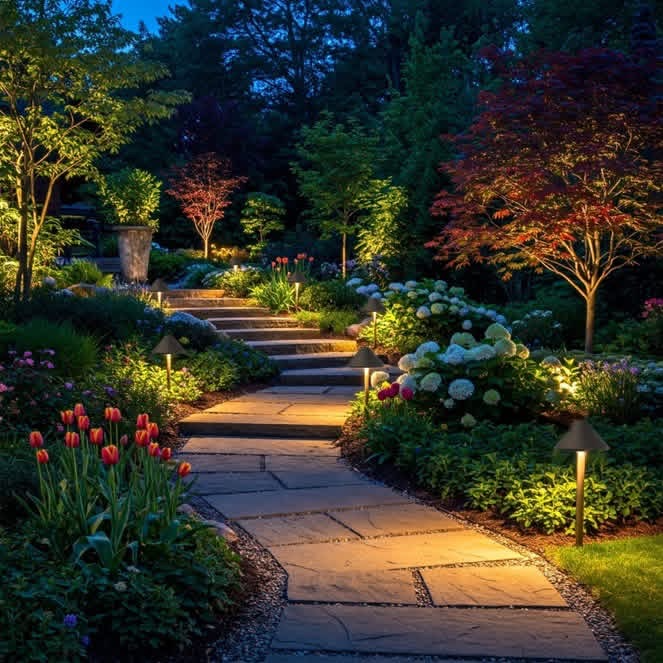 Luxe landscape lighting evening