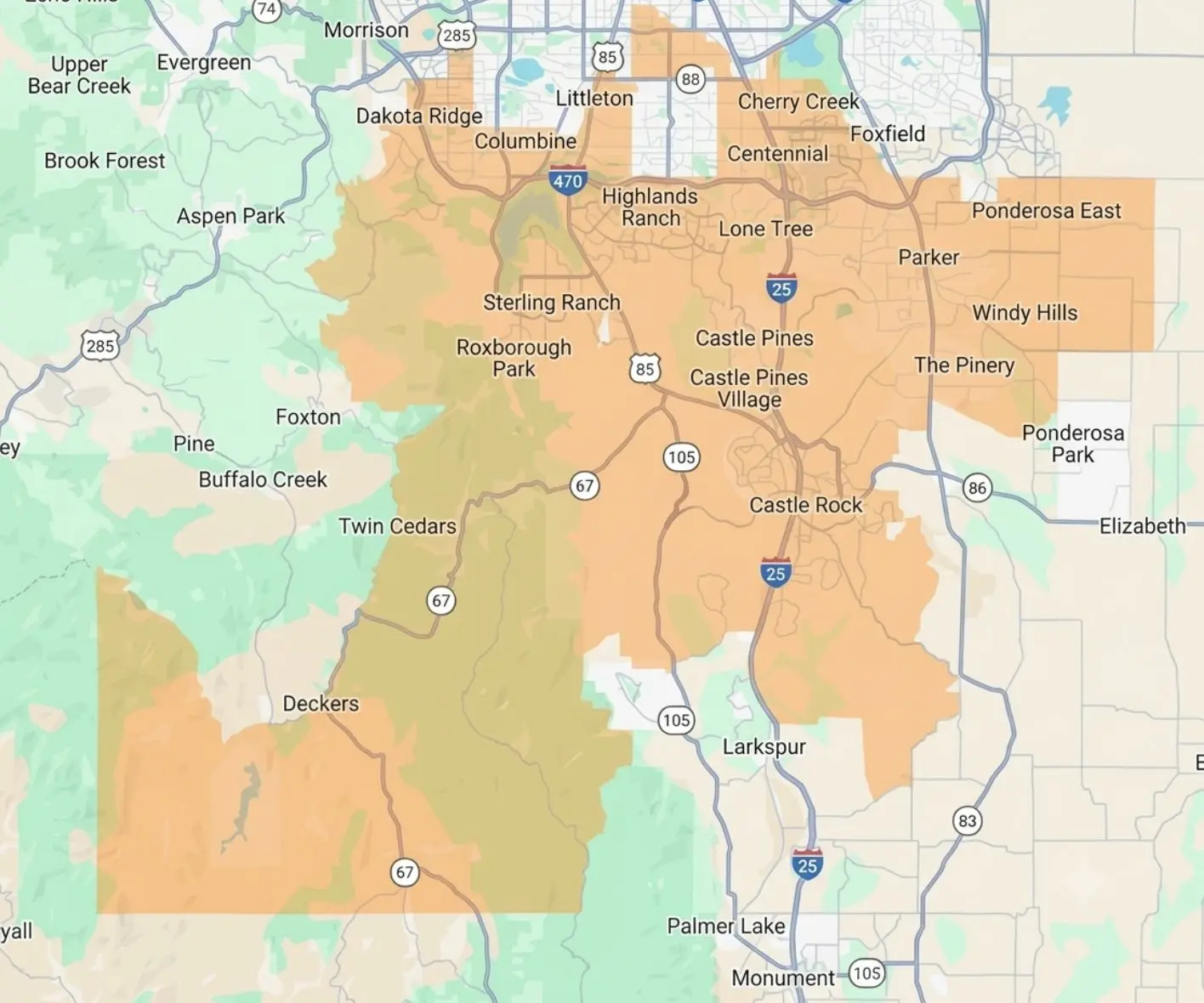 Map of the Luxe Luminations service area, shaded across Douglas County and the south Denver metro from Littleton, Highlands Ranch, Lone Tree, and Parker down to Castle Pines and Castle Rock