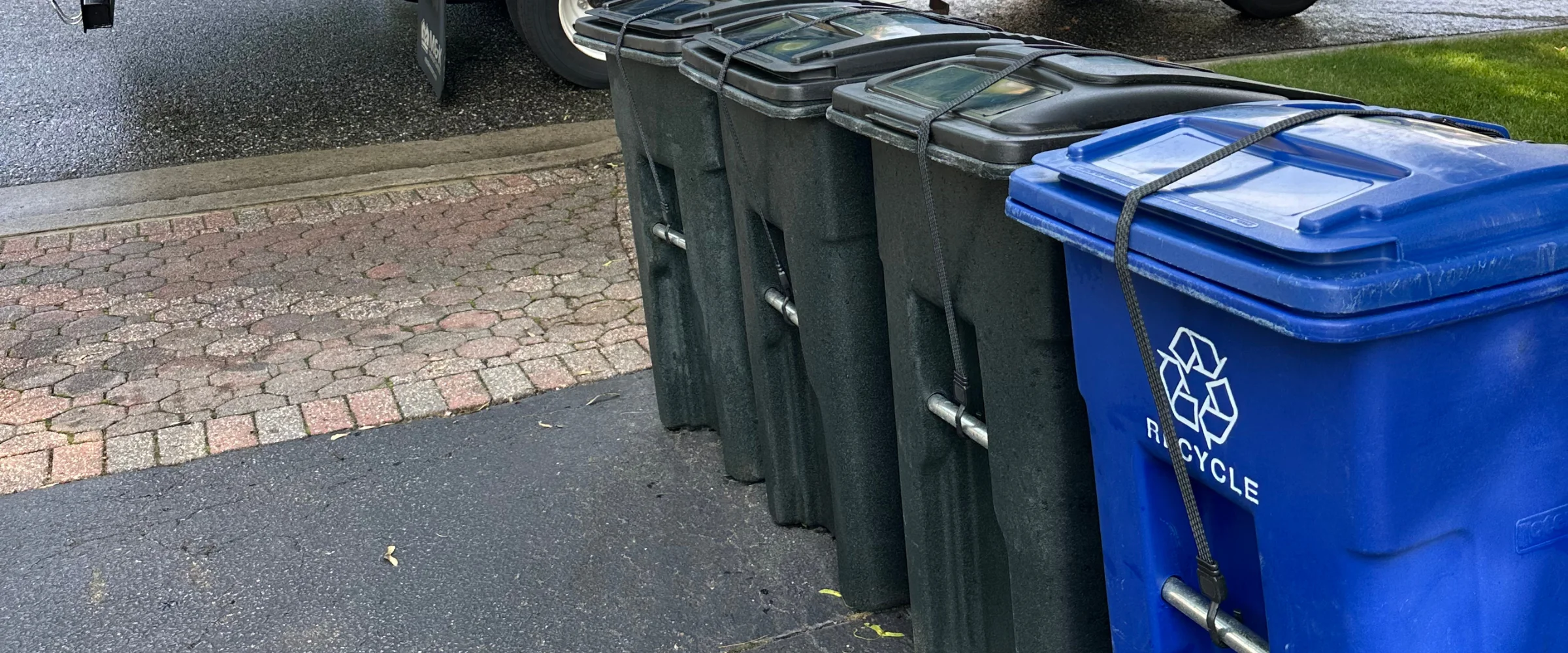 A line of dark grey trash cans and a blue recycling bin with straps on an asphalt driveway next to brick pavers.