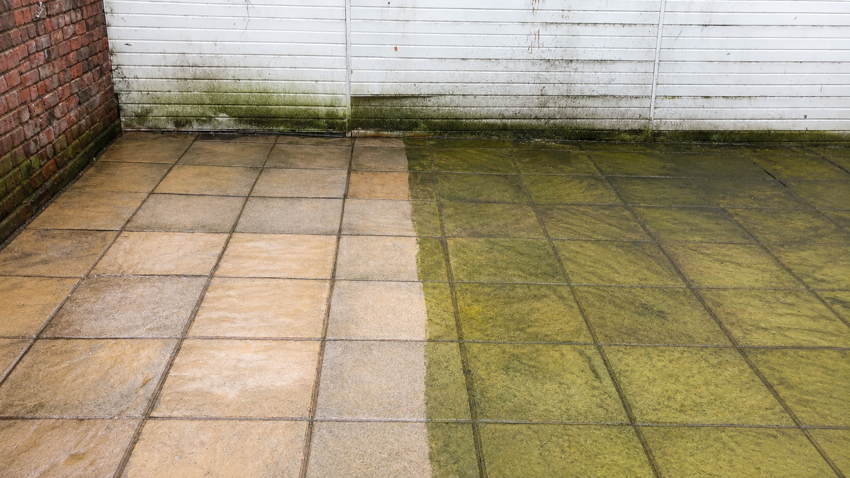 Patio before and after professional jet washing in Liverpool