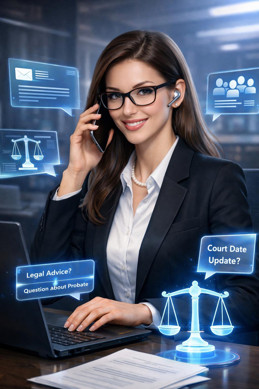 Female AI solicitor assistant with glasses handling multiple legal enquiries