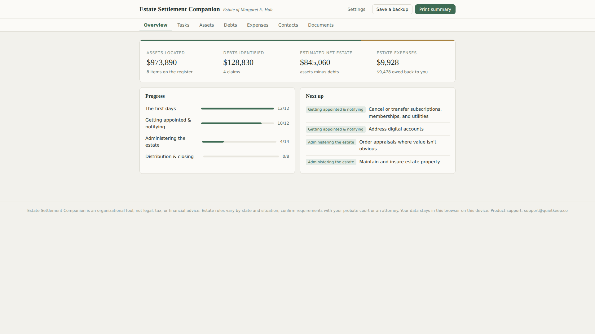 Estate Settlement Companion overview screen showing estate totals and progress