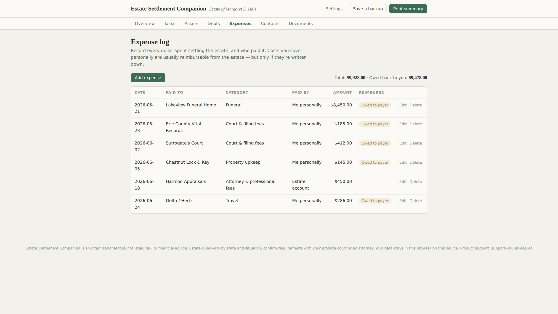 Expense log with reimbursement tracking