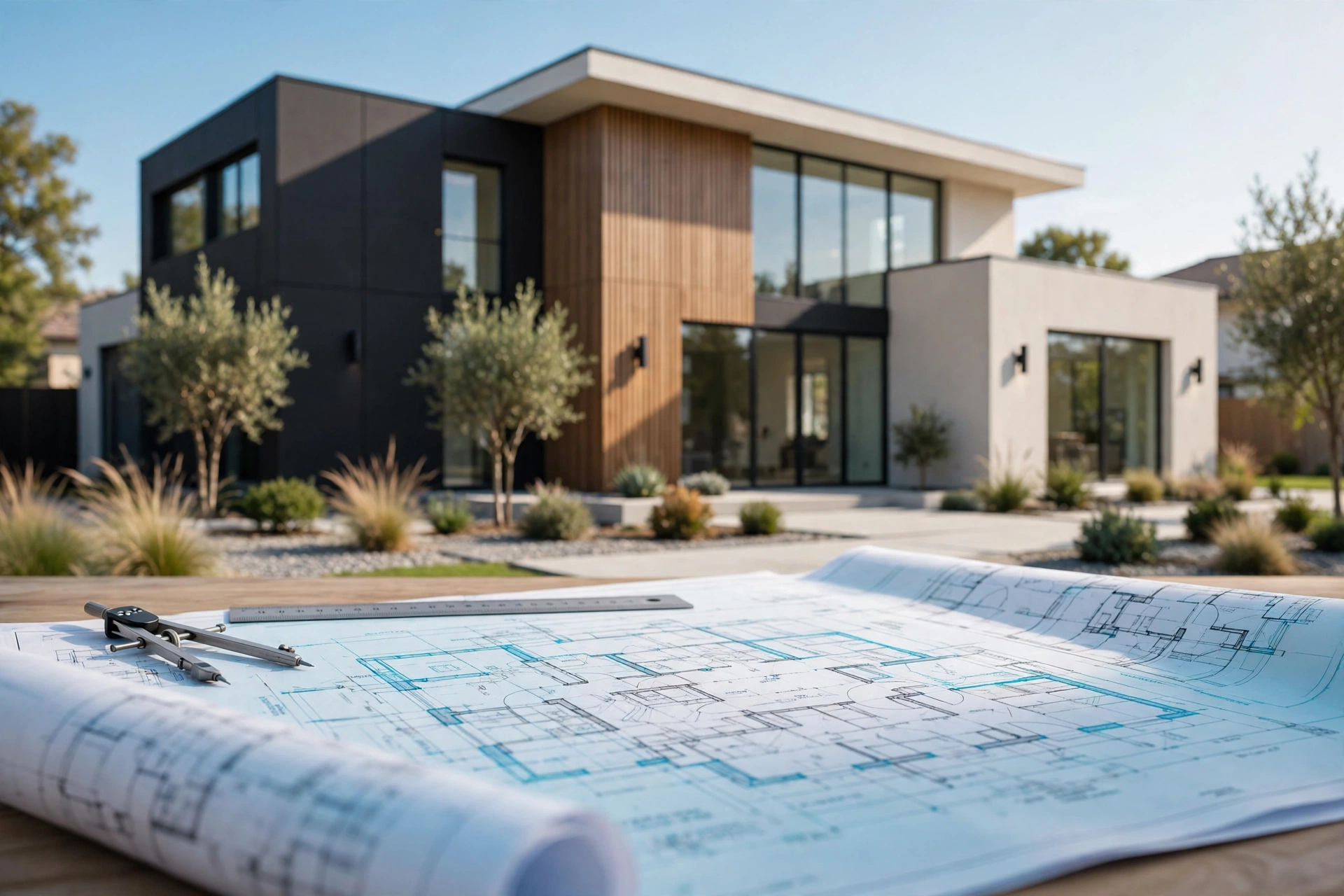 Modern home with architectural blueprints