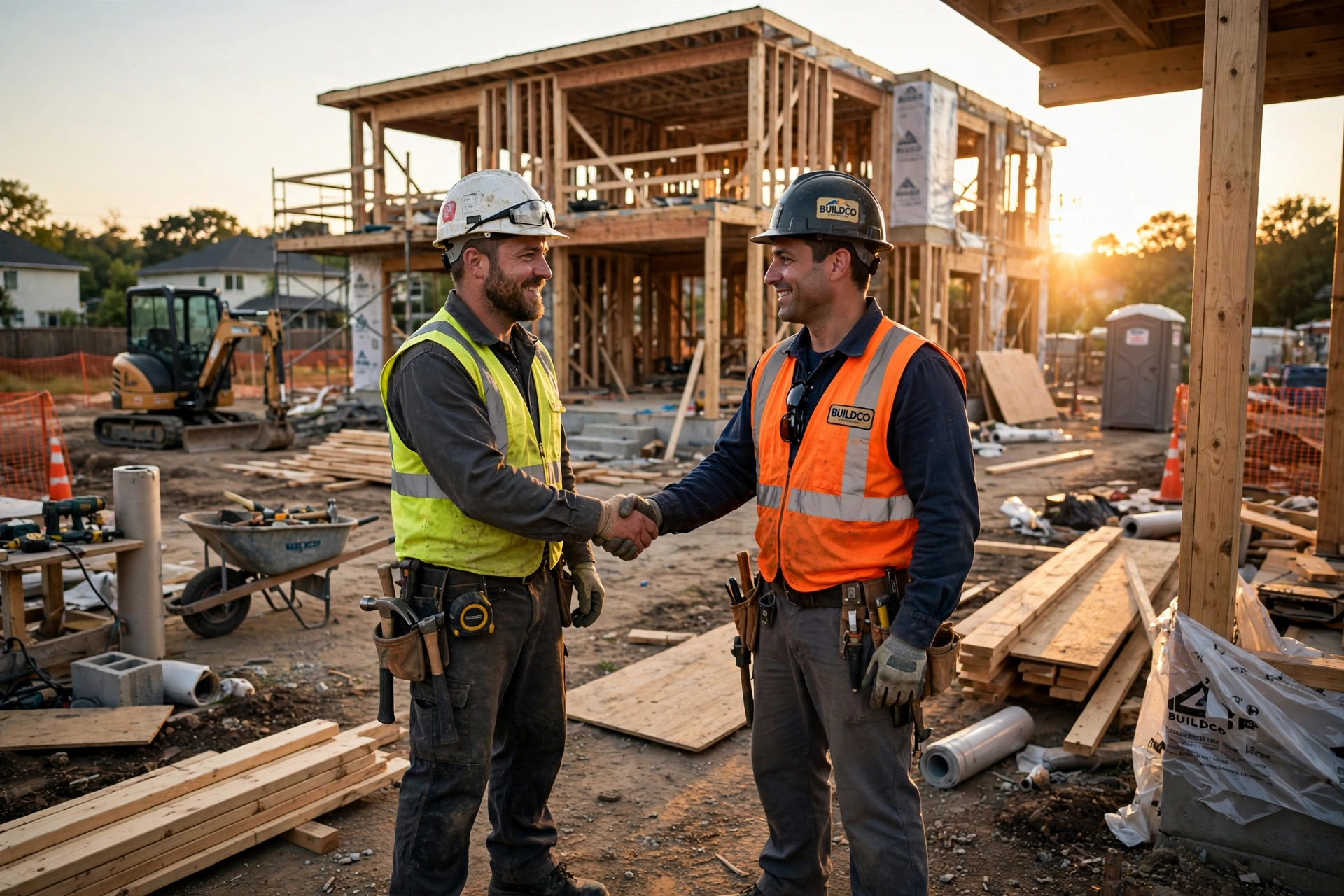 Two builders shaking hands on a development partnership