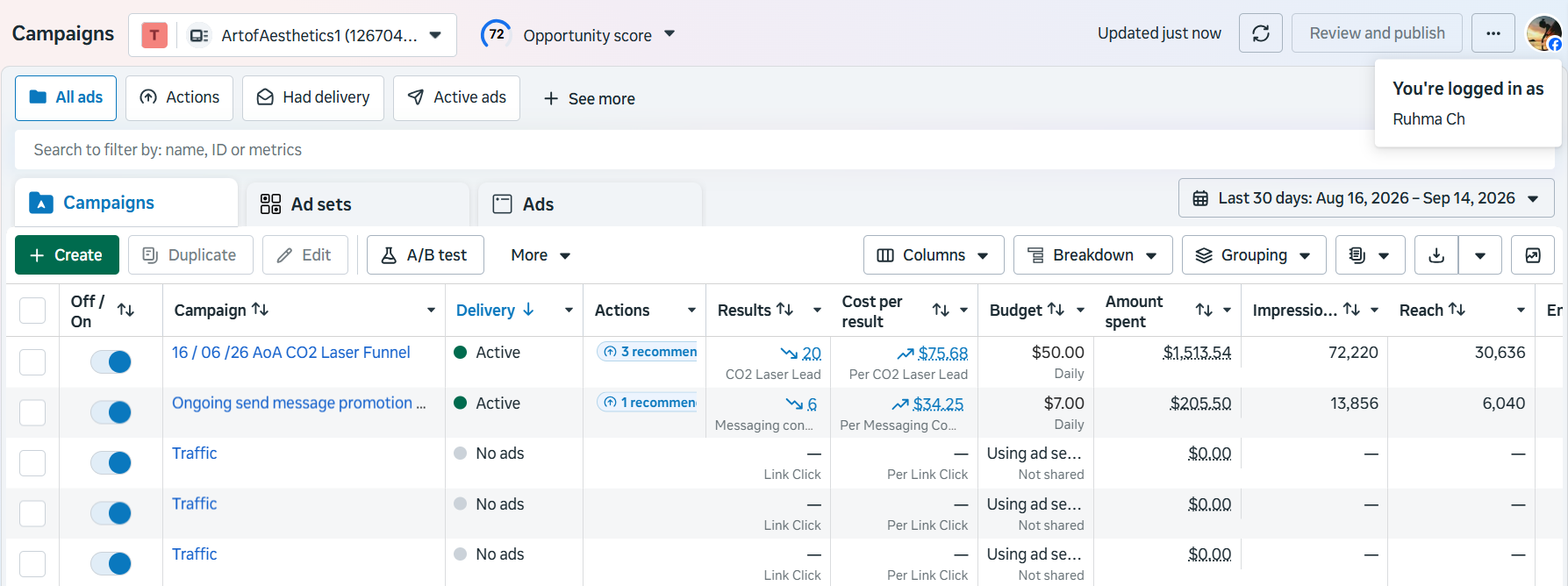 Meta Ads Manager campaigns dashboard for Art of Aesthetics