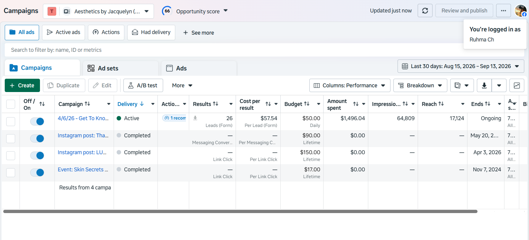 Meta Ads Manager campaigns dashboard for Aesthetics by Jacquelyn