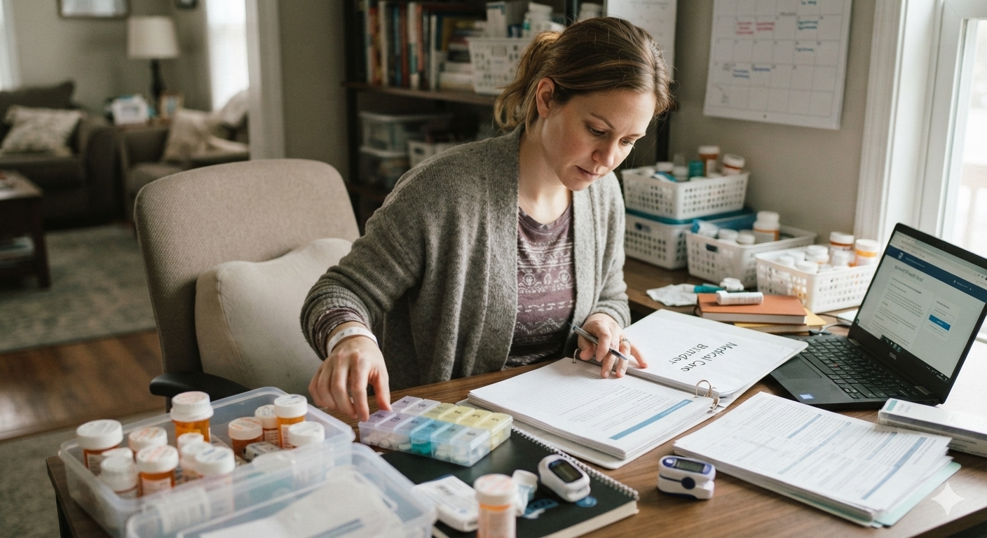 Medical mom organizing records and resources for complex medical care