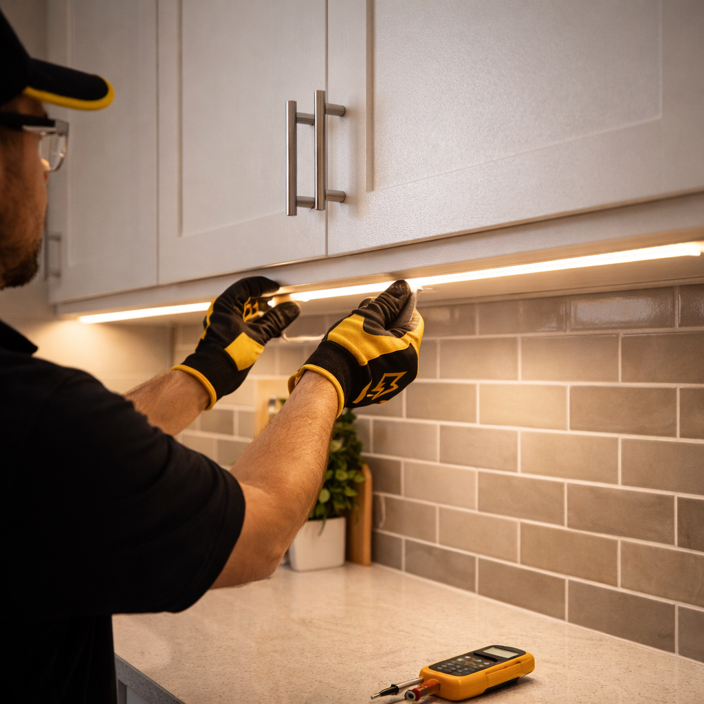 Under cabinet lighting installation by Behr Electric