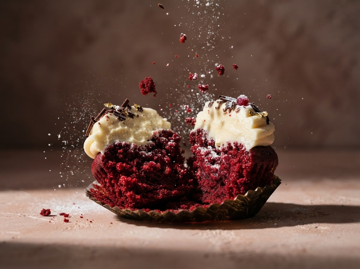 Red velvet cupcake split open