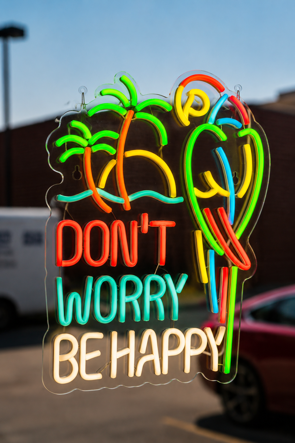 Neon palm tree sign in the dining room