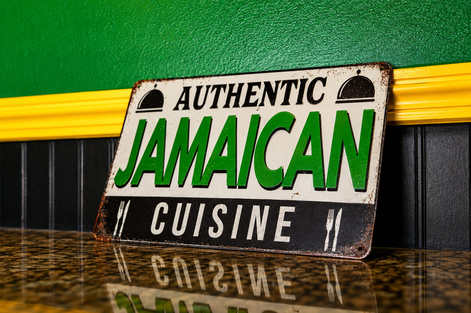 Authentic Jamaican Cuisine sign on the dining room wall