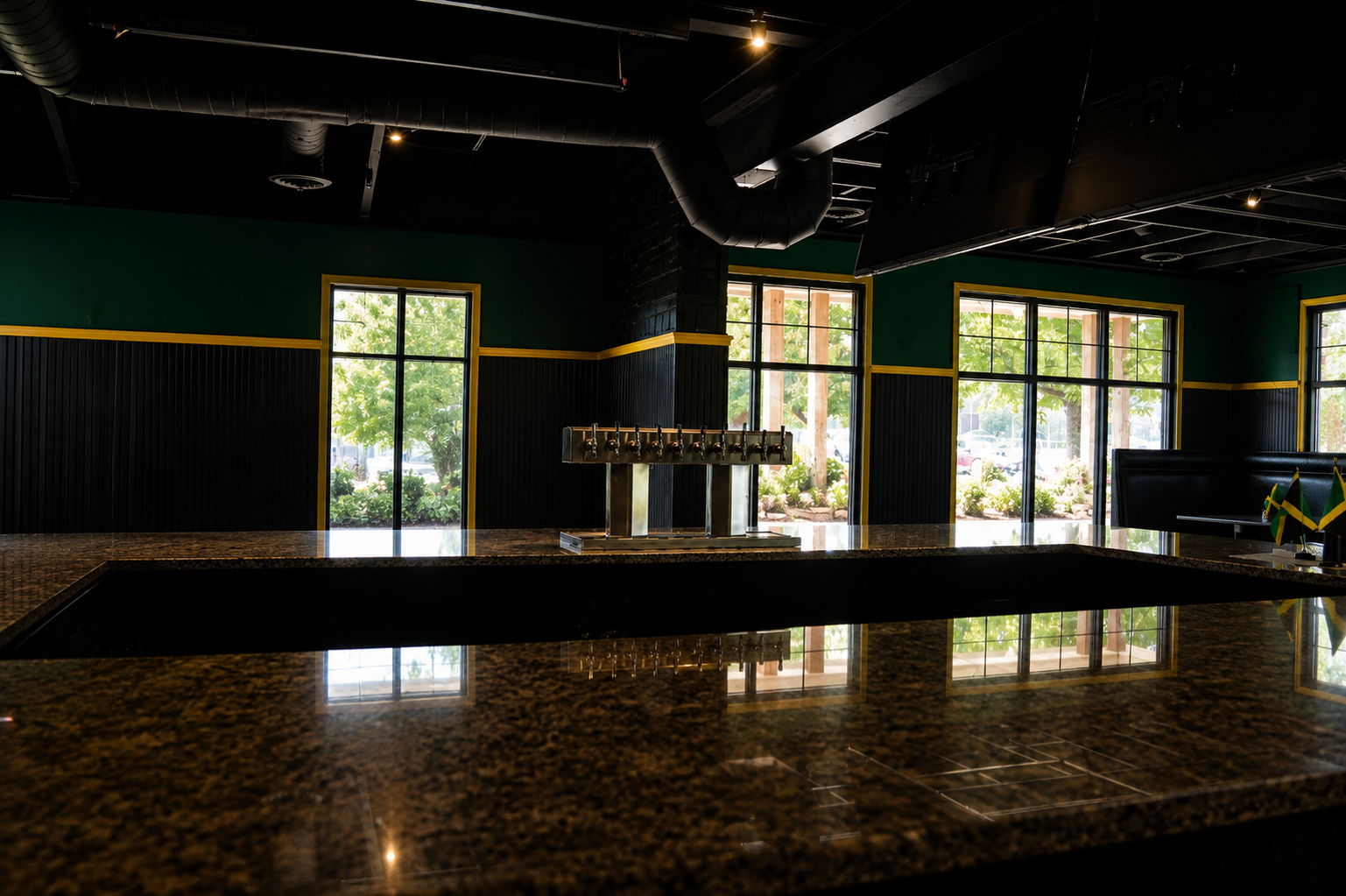 Yellow window trim over the bar