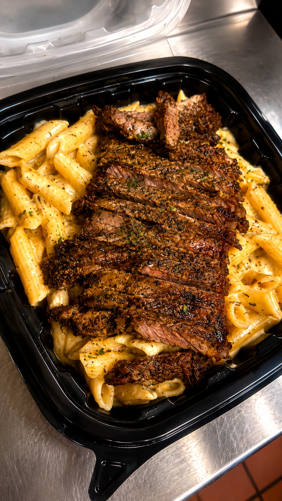 Sliced steak over creamy pasta