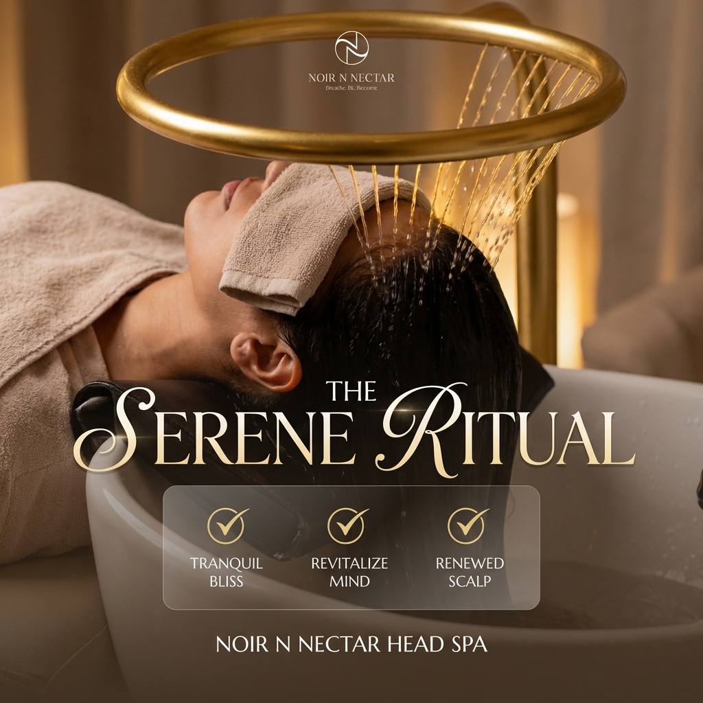 close-up shot of a client experiencing the 'Halo Shower' at Noir & Nectar