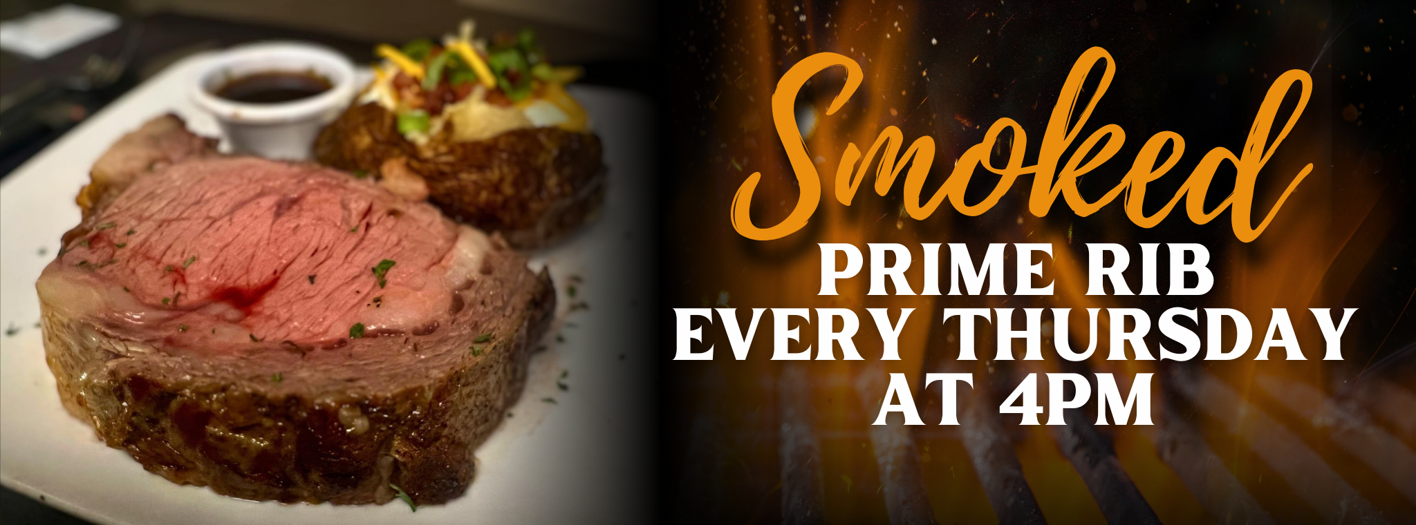 Smoked Prime Rib platted with fully loaded baked potato, available at all Ovation Bistro  Bar locations on Thursdays starting at 4pm
