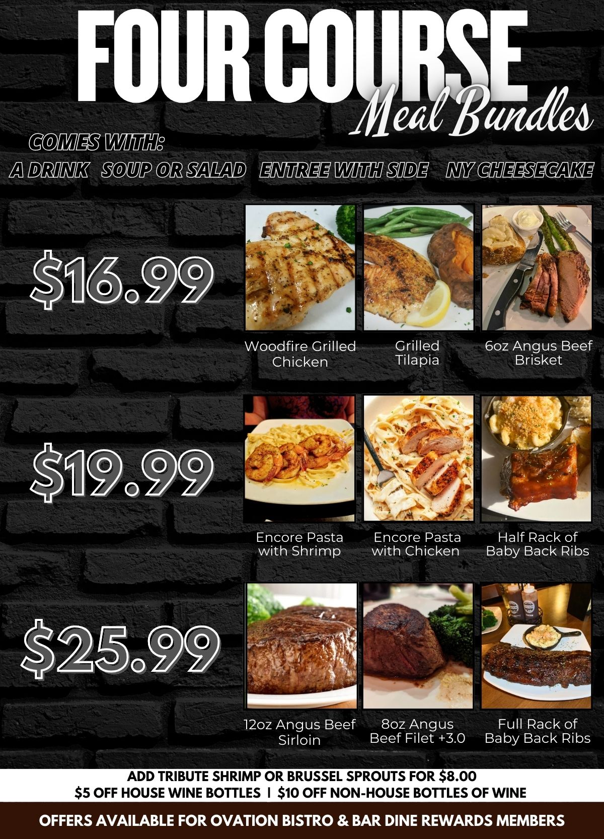Ovation Bistro & Bar's Four Course Menu with Baby Back Ribs, Sirloin, Filet, and Beef Brisket