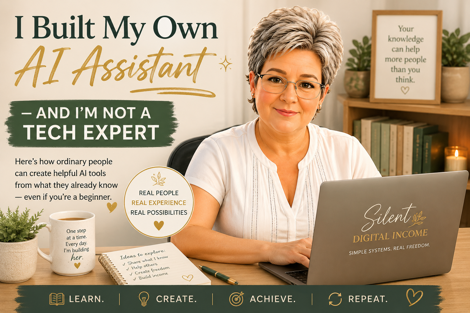 Woman using a laptop after learning how to build her own AI assistant without being a tech expert
