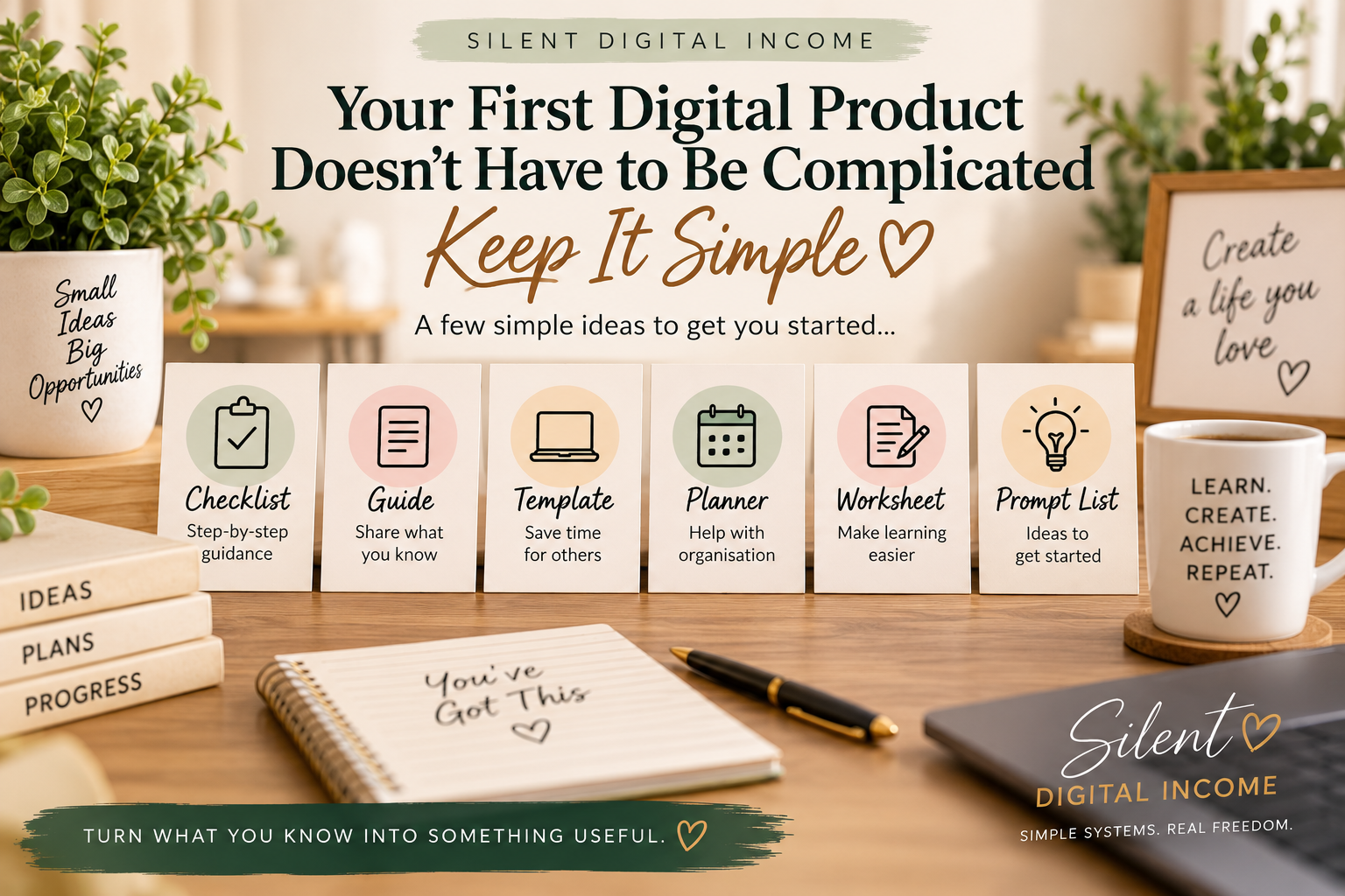 Simple digital product ideas including a checklist, guide, template, planner and prompt list Simple digital product ideas including a checklist, guide, template, planner and prompt list