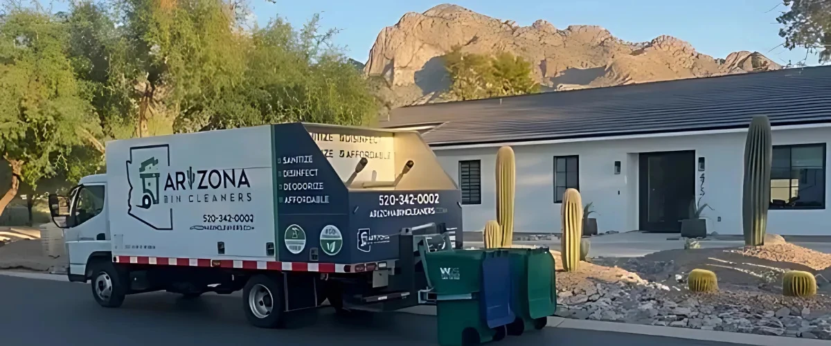 Arizona Bin Cleaners service truck parked in a residential neighborhood with waste bins ready for cleaning.