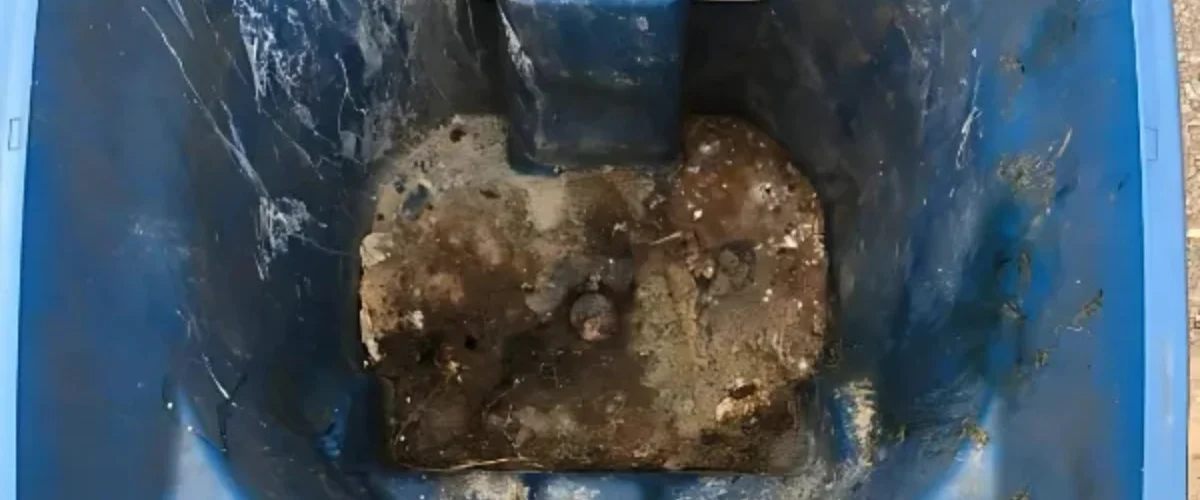 A top-down view inside a dirty blue trash can, showing a brown, moldy residue covering the bottom.