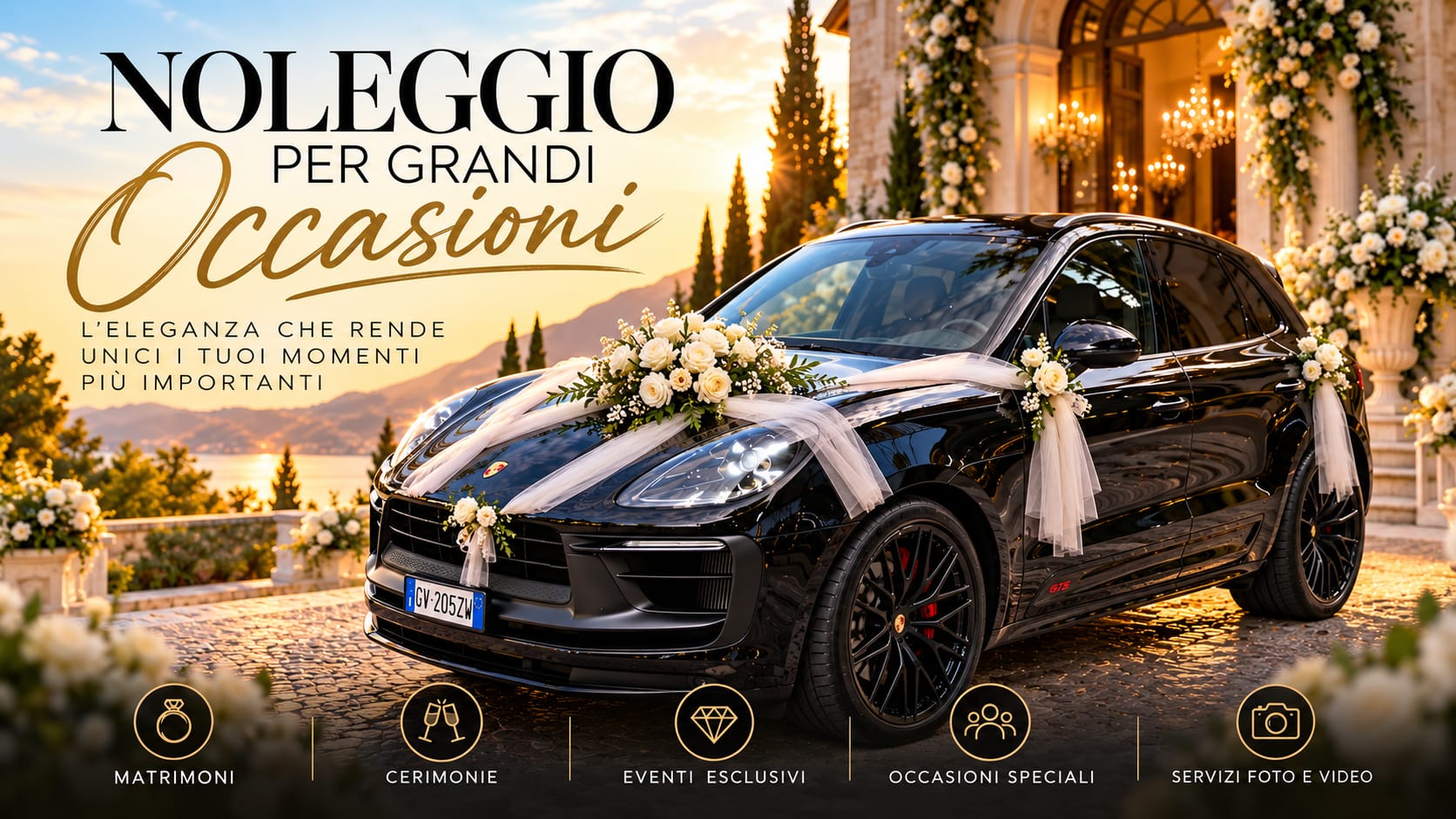 Porsche Macan nera addobbata per un matrimonio, davanti a una villa al tramonto