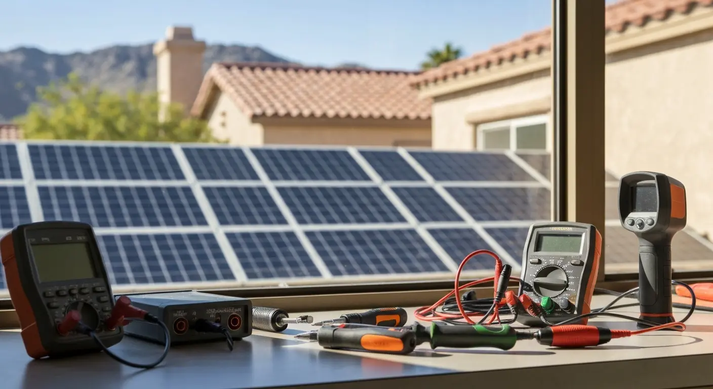 Solar diagnostic technician inspecting panels