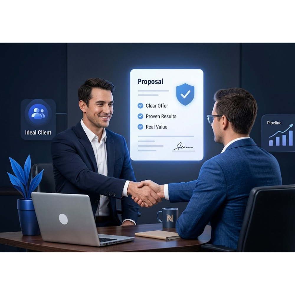 Illustration of a clear client proposal meeting and handshake