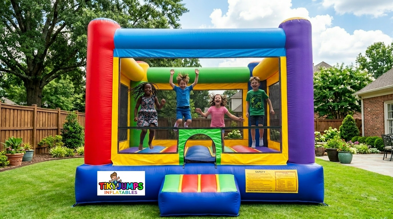 Kids jumping in a colorful Tiky Jumps bounce house in a Germantown backyard