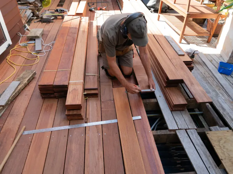 Contractor measuring and installing new deck boards during a deck repair project. Contractor measuring and installing new deck boards during a deck repair project.