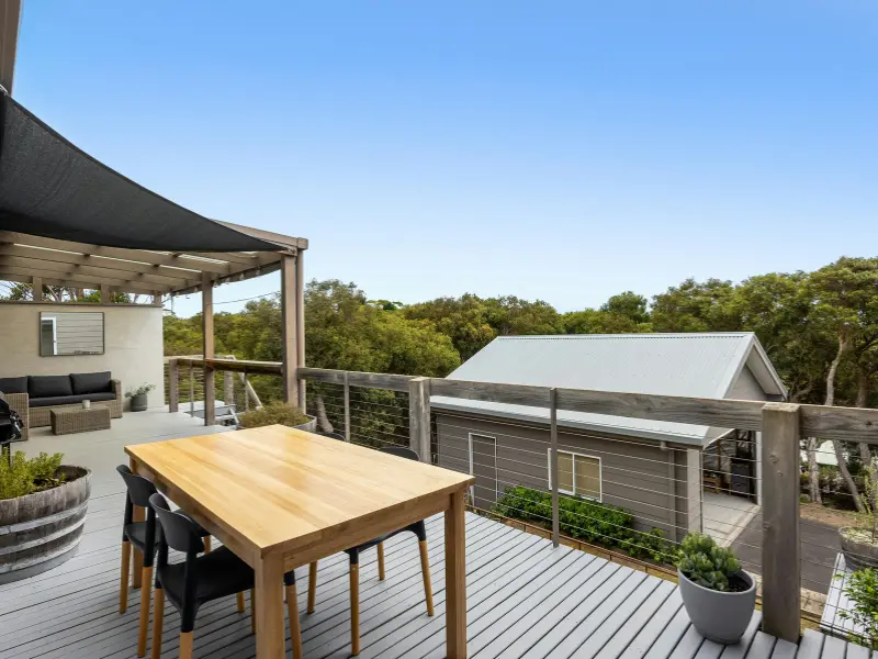 Covered deck with dining table and outdoor living space, an example of a financed deck project.