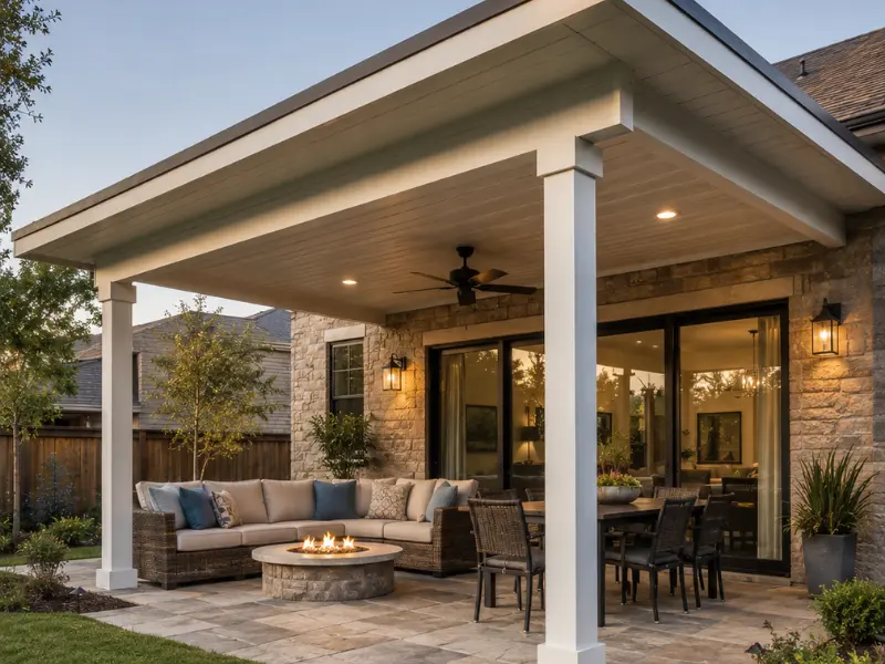 Covered patio with white support posts, sectional seating, fire pit, and outdoor dining table.