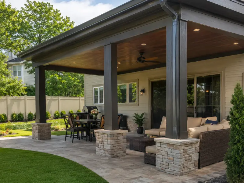 Covered patio with stone-accented posts, outdoor dining set, and lounge seating.