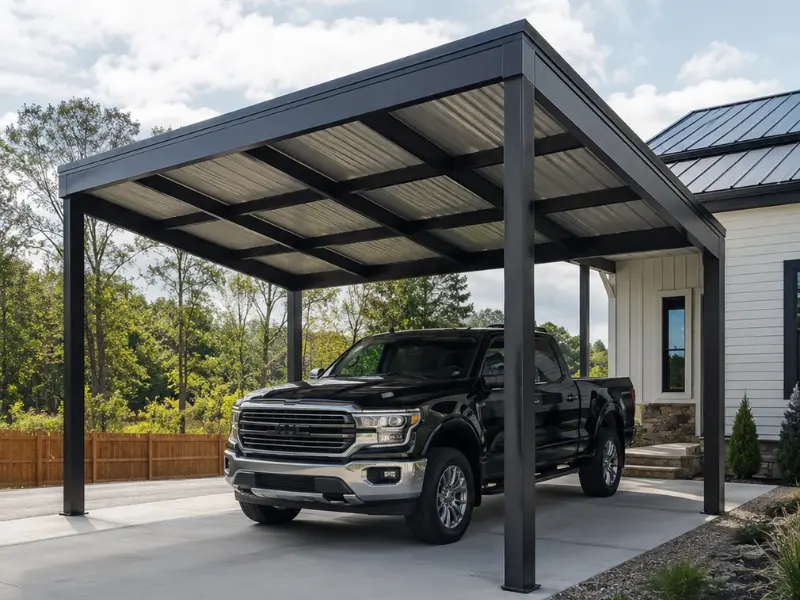 Black pickup truck parked under a freestanding metal carport with a flat roof. Black pickup truck parked under a freestanding metal carport with a flat roof.