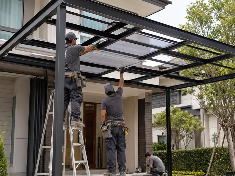 Contractors installing polycarbonate roof panels on a metal carport frame attached to a modern home. Contractors installing polycarbonate roof panels on a metal carport frame attached to a modern home.