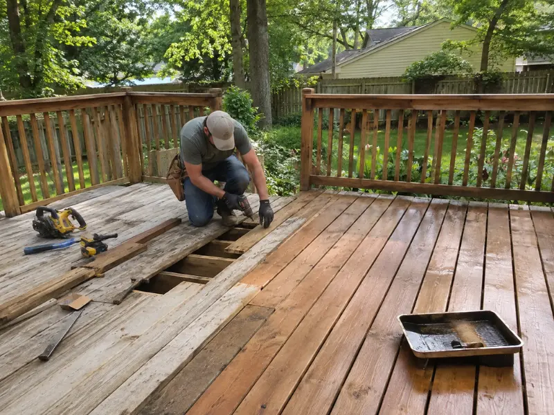 Contractor kneeling to repair damaged and removed wood deck boards on an outdoor deck. Contractor kneeling to repair damaged and removed wood deck boards on an outdoor deck.