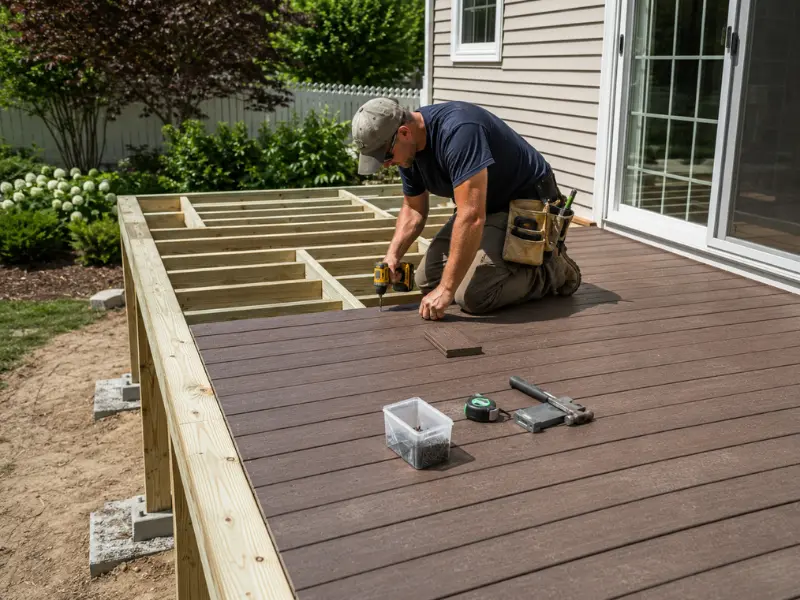Contractor installing brown composite deck boards over a wood frame with power drill and tools. Contractor installing brown composite deck boards over a wood frame with power drill and tools.